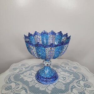 Traditional Minakari Pedestal‎ Fruit Bowl Vintage Staple Piece Table Decor Blue